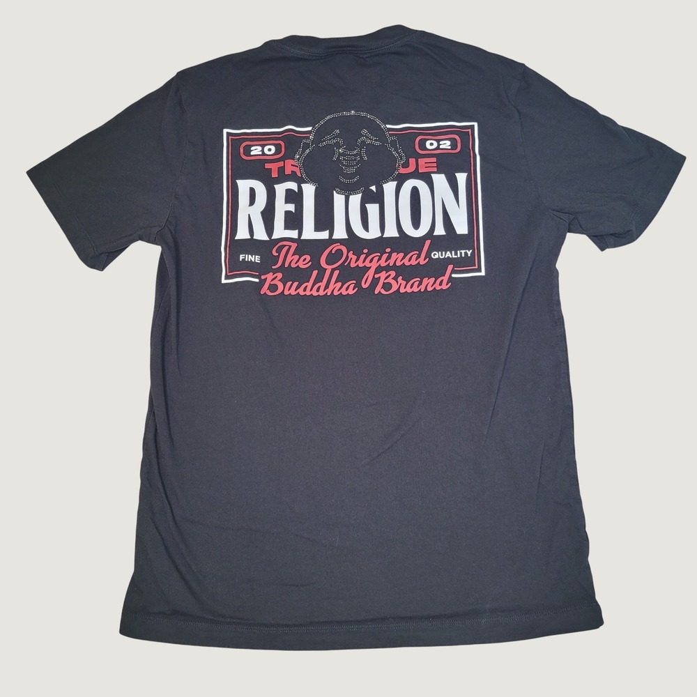 True Religion T Shirt Mens L Buddha Rhinestone Graphic Black Short Sleeve